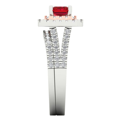 3.05 cttw Emerald Cut Simulated Pink Tourmaline Bridal Set - Solid White/Rose Gold Engagement Ring & Wedding Band