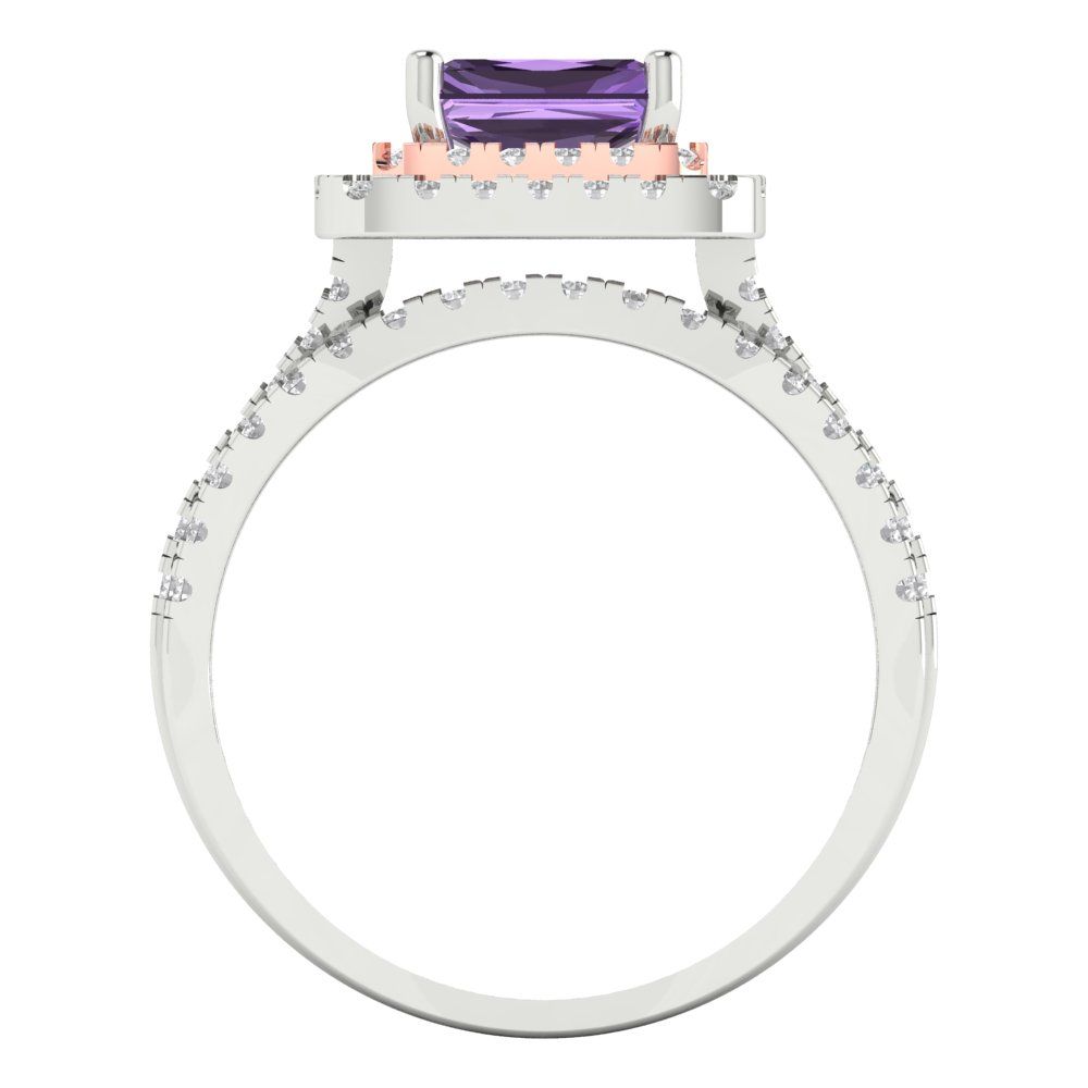 3.05 cttw Emerald Cut Simulated Alexandrite Bridal Set - Solid White/Rose Gold Engagement Ring & Wedding Band