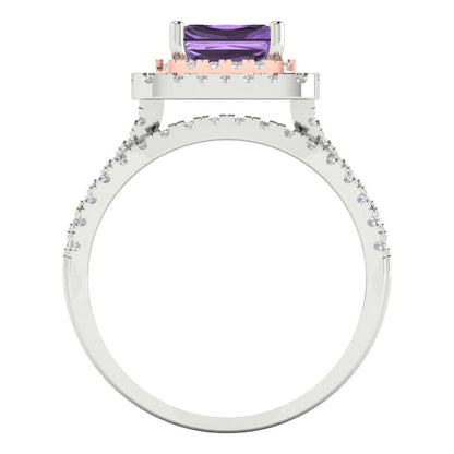 3.05 cttw Emerald Cut Simulated Alexandrite Bridal Set - Solid White/Rose Gold Engagement Ring & Wedding Band