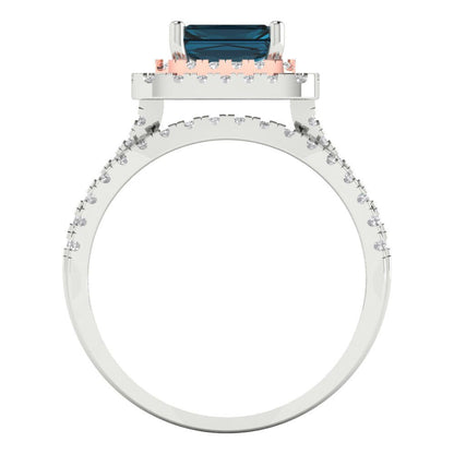 3.05 cttw Emerald Cut Natural London Blue Topaz Bridal Set - Solid White/Rose Gold Engagement Ring & Wedding Band