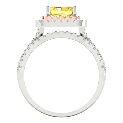 3.05 cttw Emerald Cut Simulated Yellow Diamond Bridal Set - Solid White/Rose Gold Engagement Ring & Wedding Band