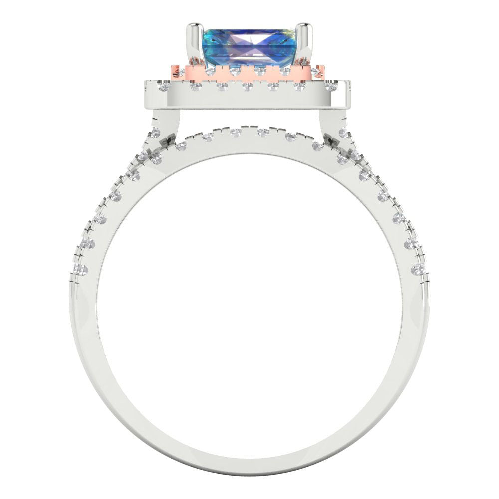 3.05 cttw Emerald Cut Blue Moissanite Bridal Set - Solid White/Rose Gold Engagement Ring & Wedding Band