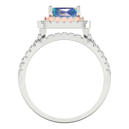 3.05 cttw Emerald Cut Blue Moissanite Bridal Set - Solid White/Rose Gold Engagement Ring & Wedding Band