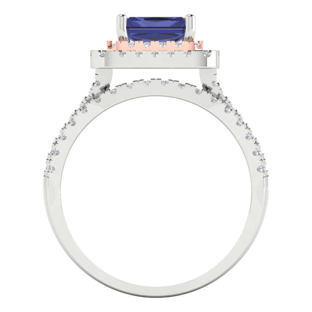 3.05 cttw Emerald Cut Simulated Tanzanite Bridal Set - Solid White/Rose Gold Engagement Ring & Wedding Band