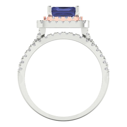 3.05 cttw Emerald Cut Simulated Tanzanite Bridal Set - Solid White/Rose Gold Engagement Ring & Wedding Band