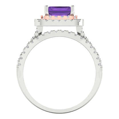 3.05 cttw Emerald Cut Natural Amethyst Bridal Set - Solid White/Rose Gold Engagement Ring & Wedding Band