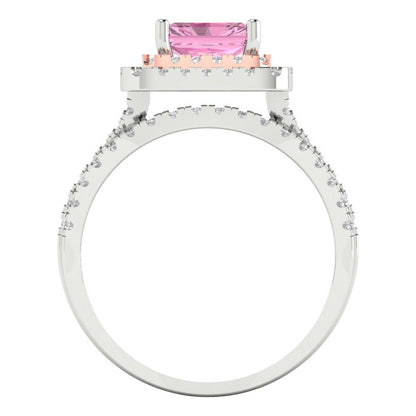 3.05 cttw Emerald Cut Simulated Pink Diamond Bridal Set - Solid White/Rose Gold Engagement Ring & Wedding Band
