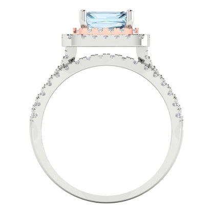 3.05 cttw Emerald Cut Simulated Blue Diamond Bridal Set - Solid White/Rose Gold Engagement Ring & Wedding Band