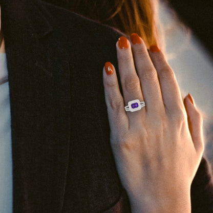 3.05 cttw Emerald Cut Natural Amethyst Bridal Set - Solid White/Rose Gold Engagement Ring & Wedding Band