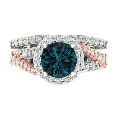 2.32 cttw Round Cut Natural London Blue Topaz Bridal Set - Solid White/Rose Gold Engagement Ring & Wedding Band