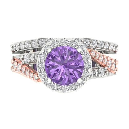 2.32 cttw Round Cut Simulated Alexandrite Bridal Set - Solid White/Rose Gold Engagement Ring & Wedding Band