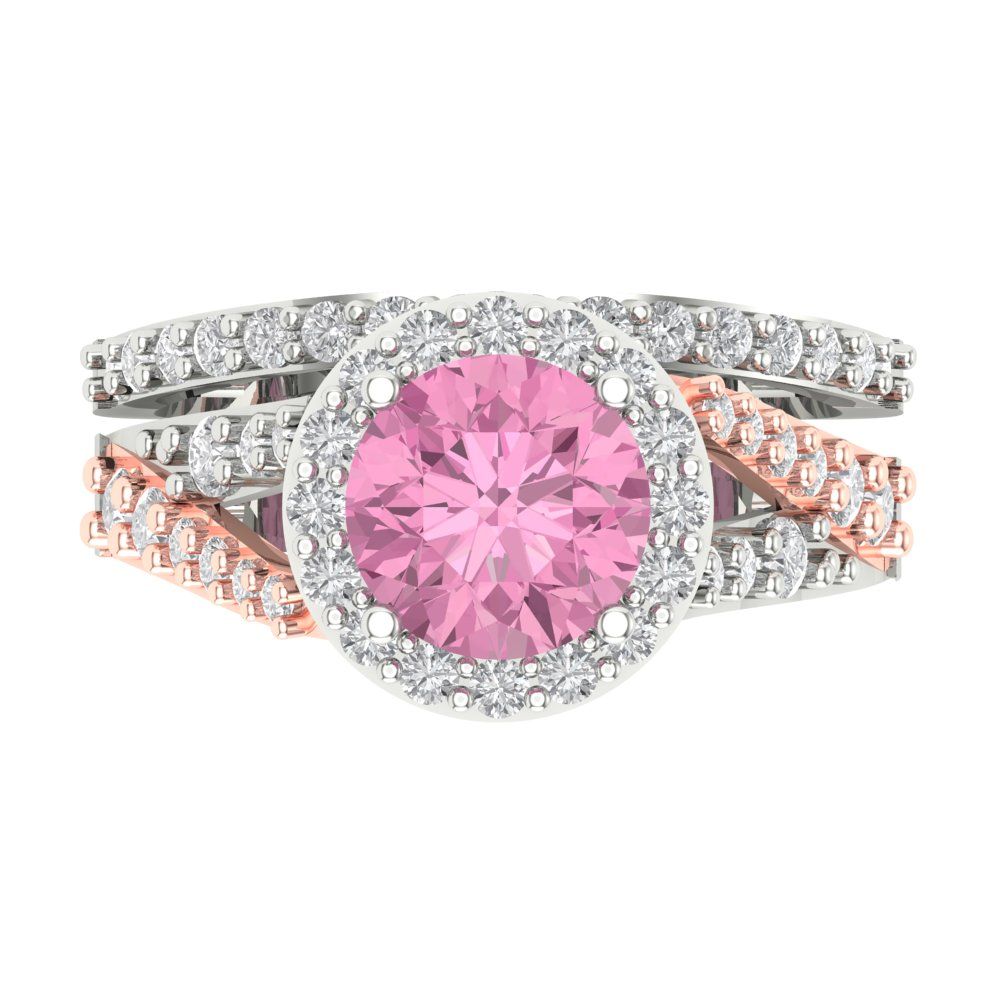 2.32 cttw Round Cut Simulated Pink Diamond Bridal Set - Solid White/Rose Gold Engagement Ring & Wedding Band