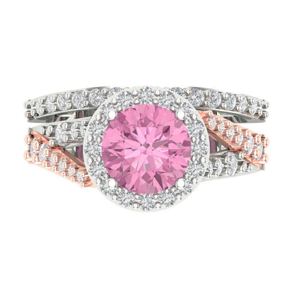 2.32 cttw Round Cut Simulated Pink Diamond Bridal Set - Solid White/Rose Gold Engagement Ring & Wedding Band
