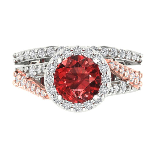 2.32 cttw Round Cut Natural Garnet Bridal Set - Solid White/Rose Gold Engagement Ring & Wedding Band