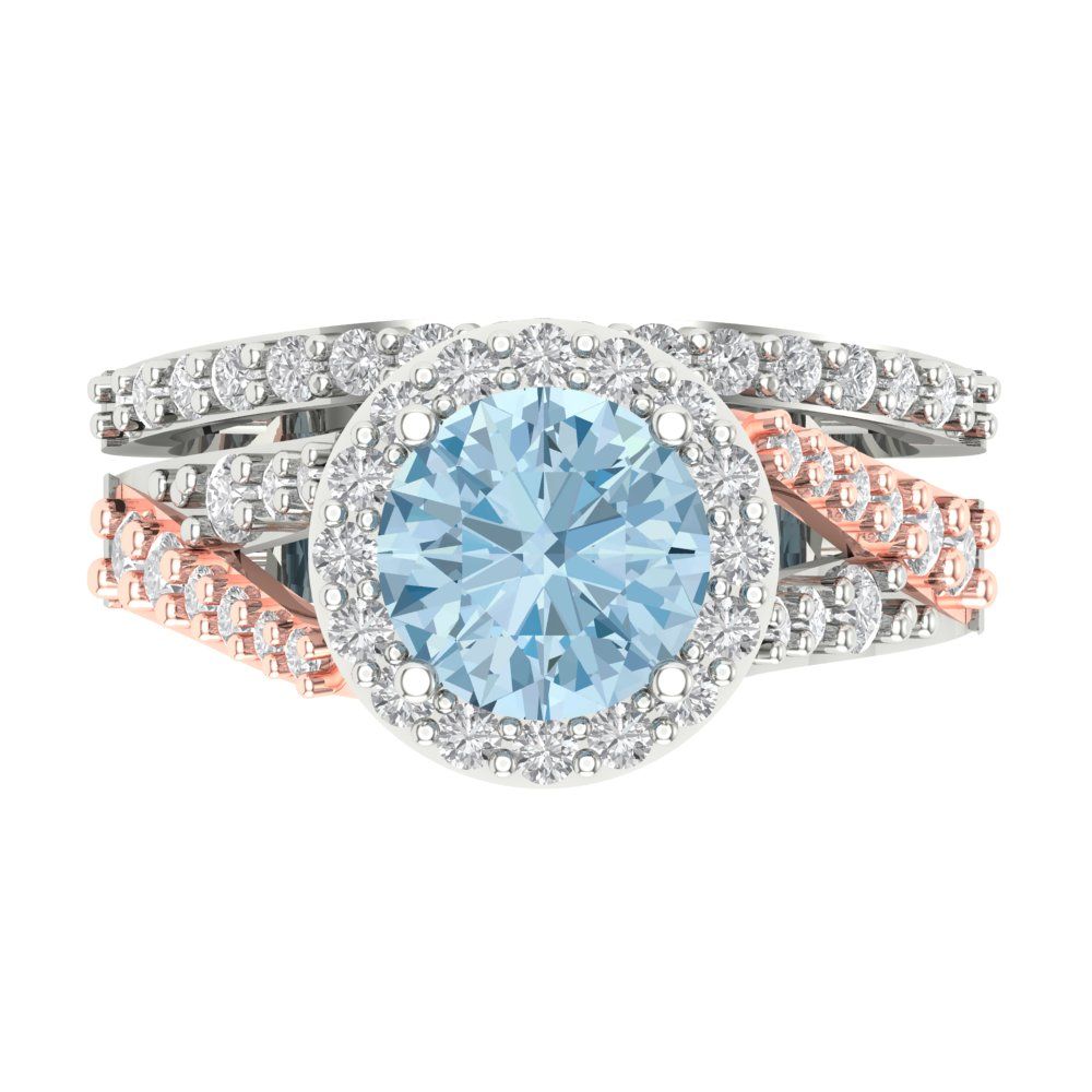 2.32 cttw Round Cut Natural Swiss Blue Topaz Bridal Set - Solid White/Rose Gold Engagement Ring & Wedding Band