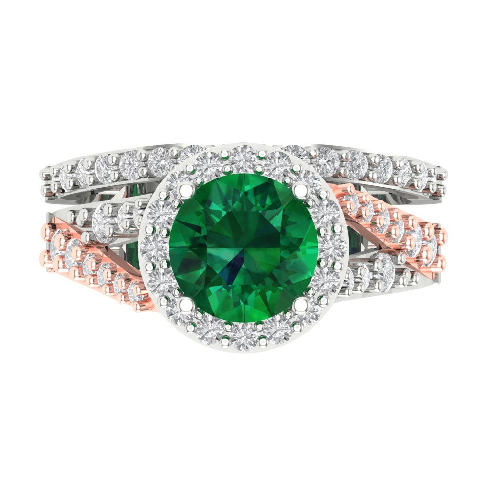 2.32 cttw Round Cut Simulated Emerald Bridal Set - Solid White/Rose Gold Engagement Ring & Wedding Band