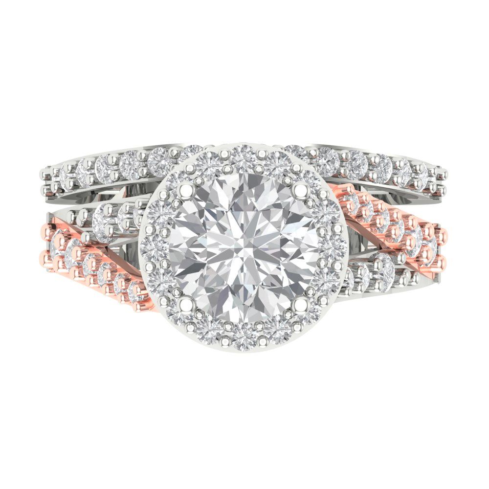 2.32 cttw Round Cut Zirconia Simulated Diamond Bridal Set - Solid White/Rose Gold Engagement Ring & Wedding Band