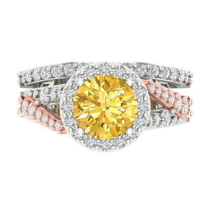 2.32 cttw Round Cut Simulated Yellow Diamond Bridal Set - Solid White/Rose Gold Engagement Ring & Wedding Band