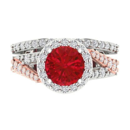 2.32 cttw Round Cut Simulated Ruby Bridal Set - Solid White/Rose Gold Engagement Ring & Wedding Band
