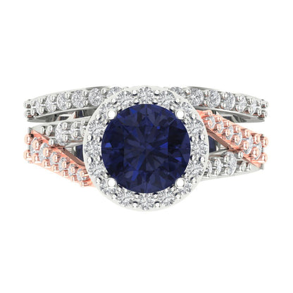 2.32 cttw Round Cut Simulated Blue Sapphire Bridal Set - Solid White/Rose Gold Engagement Ring & Wedding Band