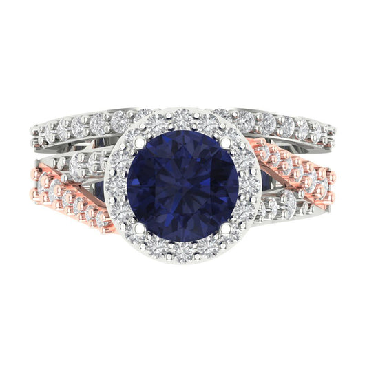 2.32 cttw Round Cut Simulated Blue Sapphire Bridal Set - Solid White/Rose Gold Engagement Ring & Wedding Band