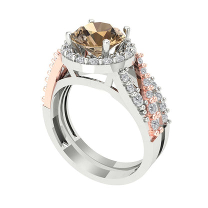 2.32 cttw Round Cut Simulated Champagne Diamond Bridal Set - Solid White/Rose Gold Engagement Ring & Wedding Band