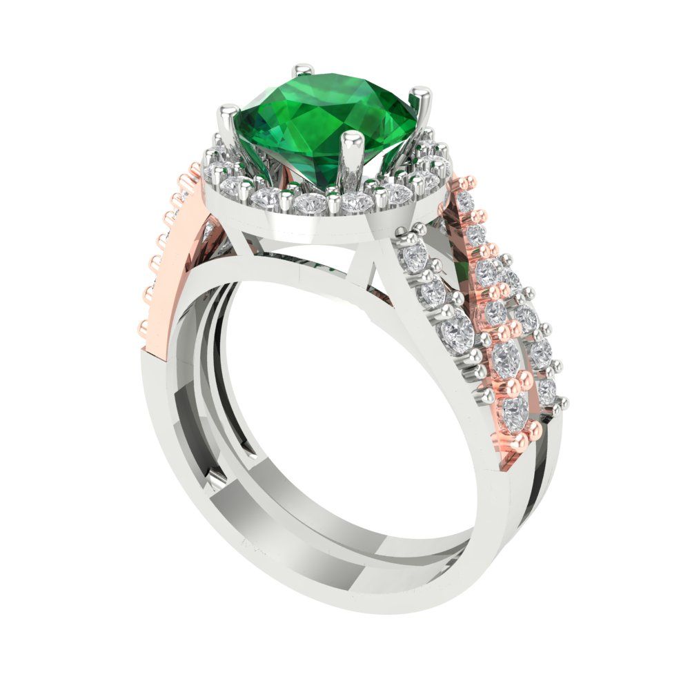 2.32 cttw Round Cut Simulated Emerald Bridal Set - Solid White/Rose Gold Engagement Ring & Wedding Band