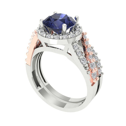 2.32 cttw Round Cut Simulated Blue Sapphire Bridal Set - Solid White/Rose Gold Engagement Ring & Wedding Band