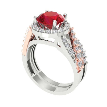 2.32 cttw Round Cut Simulated Ruby Bridal Set - Solid White/Rose Gold Engagement Ring & Wedding Band