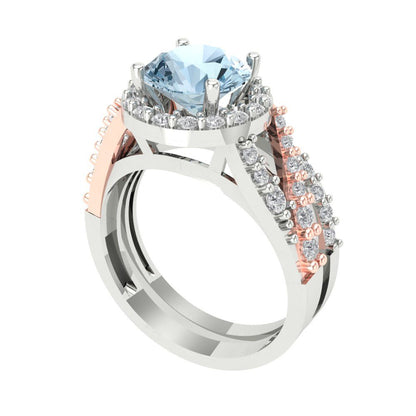2.32 cttw Round Cut Natural Swiss Blue Topaz Bridal Set - Solid White/Rose Gold Engagement Ring & Wedding Band