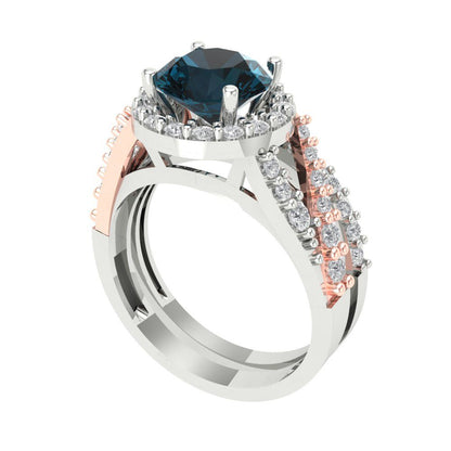 2.32 cttw Round Cut Natural London Blue Topaz Bridal Set - Solid White/Rose Gold Engagement Ring & Wedding Band