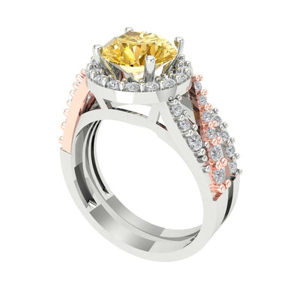 2.32 cttw Round Cut Simulated Yellow Diamond Bridal Set - Solid White/Rose Gold Engagement Ring & Wedding Band