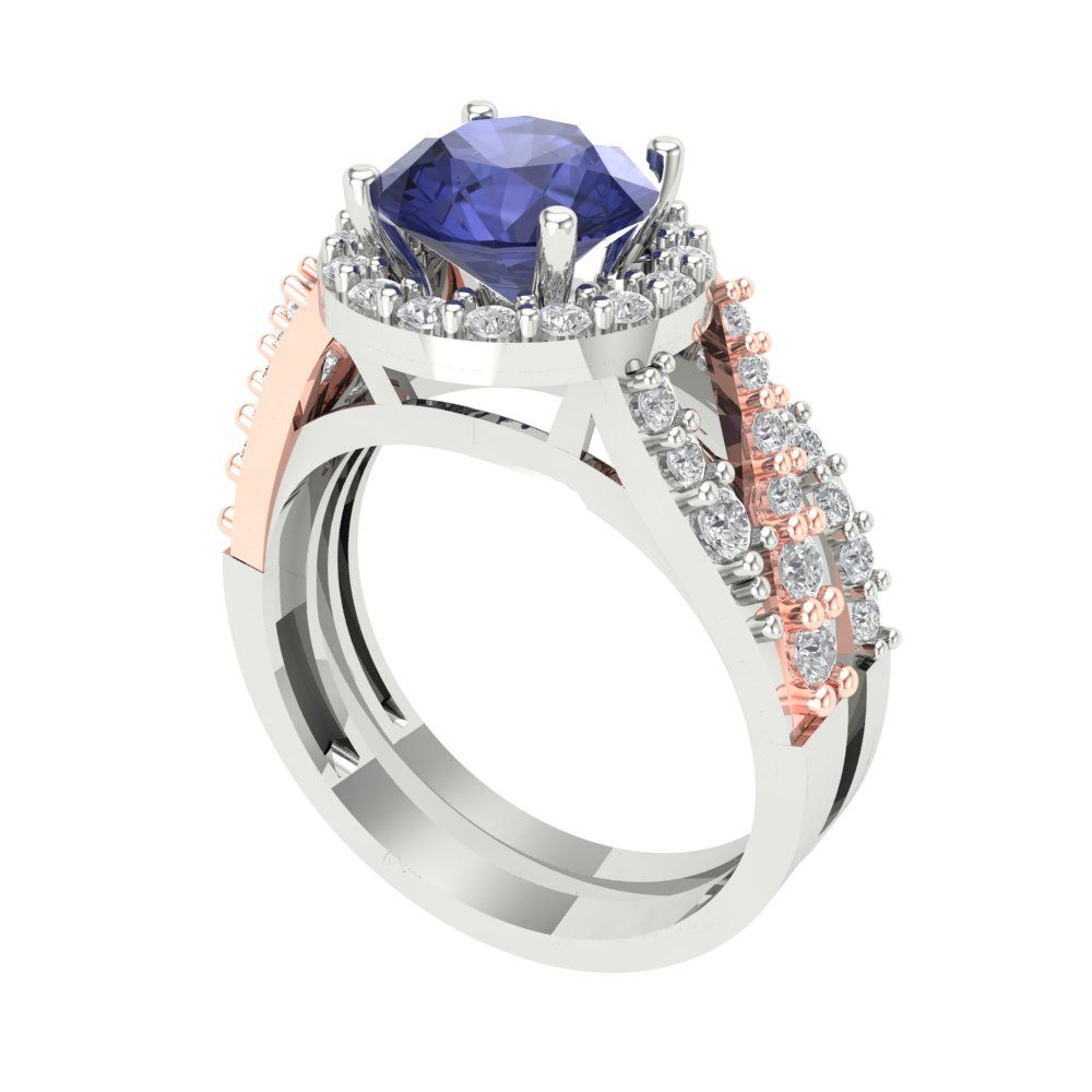 2.32 cttw Round Cut Simulated Tanzanite Bridal Set - Solid White/Rose Gold Engagement Ring & Wedding Band