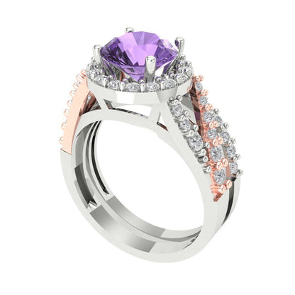 2.32 cttw Round Cut Simulated Alexandrite Bridal Set - Solid White/Rose Gold Engagement Ring & Wedding Band