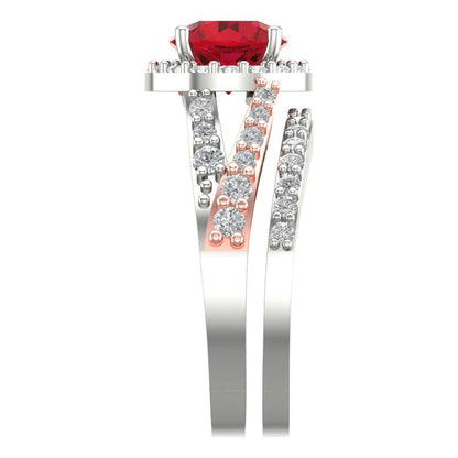 2.32 cttw Round Cut Simulated Ruby Bridal Set - Solid White/Rose Gold Engagement Ring & Wedding Band