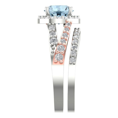2.32 cttw Round Cut Natural Swiss Blue Topaz Bridal Set - Solid White/Rose Gold Engagement Ring & Wedding Band