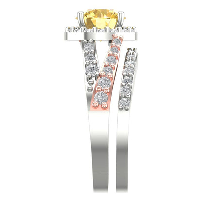 2.32 cttw Round Cut Natural Citrine Bridal Set - Solid White/Rose Gold Engagement Ring & Wedding Band