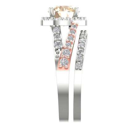 2.32 cttw Round Cut Natural Morganite Bridal Set - Solid White/Rose Gold Engagement Ring & Wedding Band