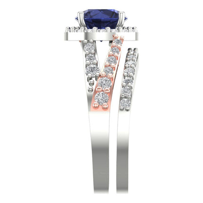 2.32 cttw Round Cut Simulated Blue Sapphire Bridal Set - Solid White/Rose Gold Engagement Ring & Wedding Band