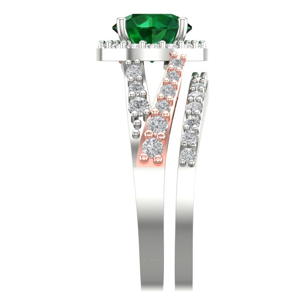2.32 cttw Round Cut Simulated Emerald Bridal Set - Solid White/Rose Gold Engagement Ring & Wedding Band