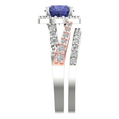 2.32 cttw Round Cut Simulated Tanzanite Bridal Set - Solid White/Rose Gold Engagement Ring & Wedding Band