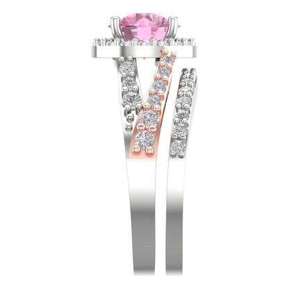 2.32 cttw Round Cut Simulated Pink Diamond Bridal Set - Solid White/Rose Gold Engagement Ring & Wedding Band