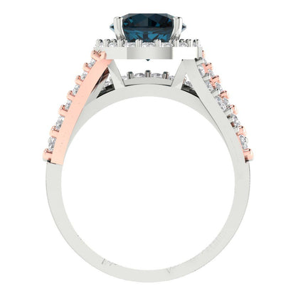2.32 cttw Round Cut Natural London Blue Topaz Bridal Set - Solid White/Rose Gold Engagement Ring & Wedding Band