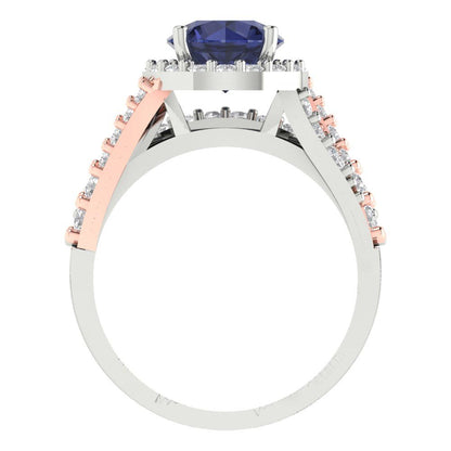 2.32 cttw Round Cut Simulated Blue Sapphire Bridal Set - Solid White/Rose Gold Engagement Ring & Wedding Band