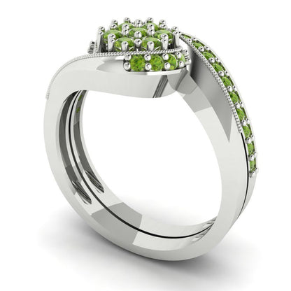 0.4 cttw Round Cut Natural Peridot Bridal Set - Solid White Gold Engagement Ring & Wedding Band