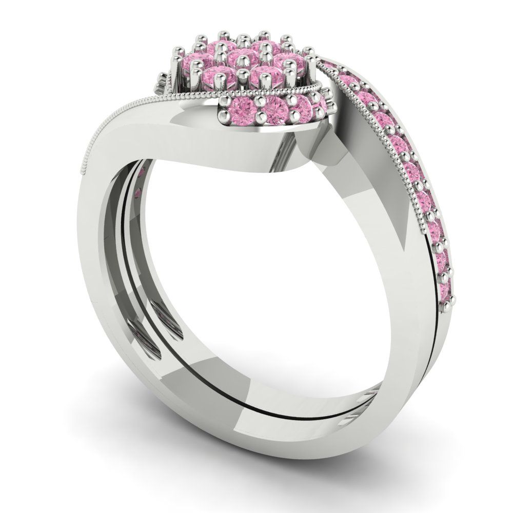0.4 cttw Round Cut Simulated Pink Diamond Bridal Set - Solid White Gold Engagement Ring & Wedding Band