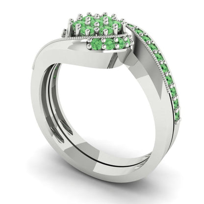 0.4 cttw Round Cut Simulated Green Diamond Bridal Set - Solid White Gold Engagement Ring & Wedding Band