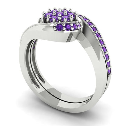 0.4 cttw Round Cut Natural Amethyst Bridal Set - Solid White Gold Engagement Ring & Wedding Band