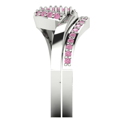 0.4 cttw Round Cut Simulated Pink Diamond Bridal Set - Solid White Gold Engagement Ring & Wedding Band