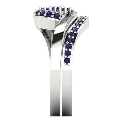 0.4 cttw Round Cut Simulated Blue Sapphire Bridal Set - Solid White Gold Engagement Ring & Wedding Band